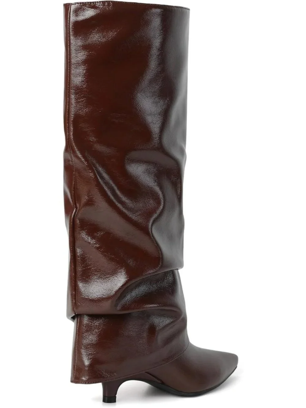Women Coffee Faux Leather Pointed-Toe Folded Wide Calf Low Kitten Knee-High Boot